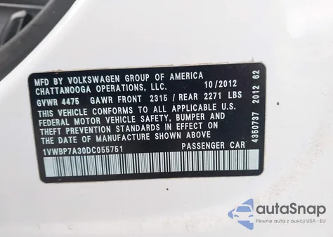 2013 Volkswagen Passat 2.5L Se z USA, uszkodzony, nr VIN 1VWBP7A30DC055751